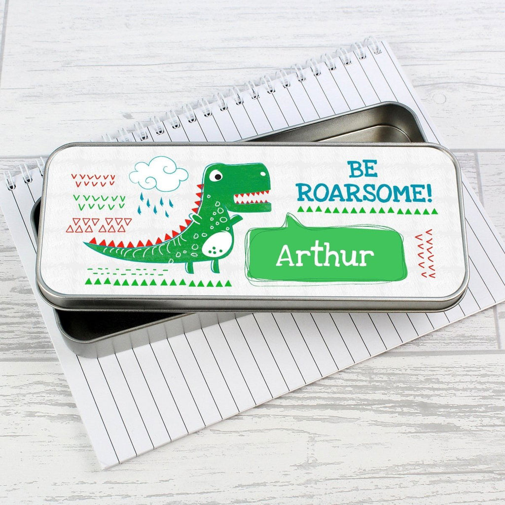 Personalised 'Be Roarsome' Dinosaur Pencil Tin With Pencil Crayons