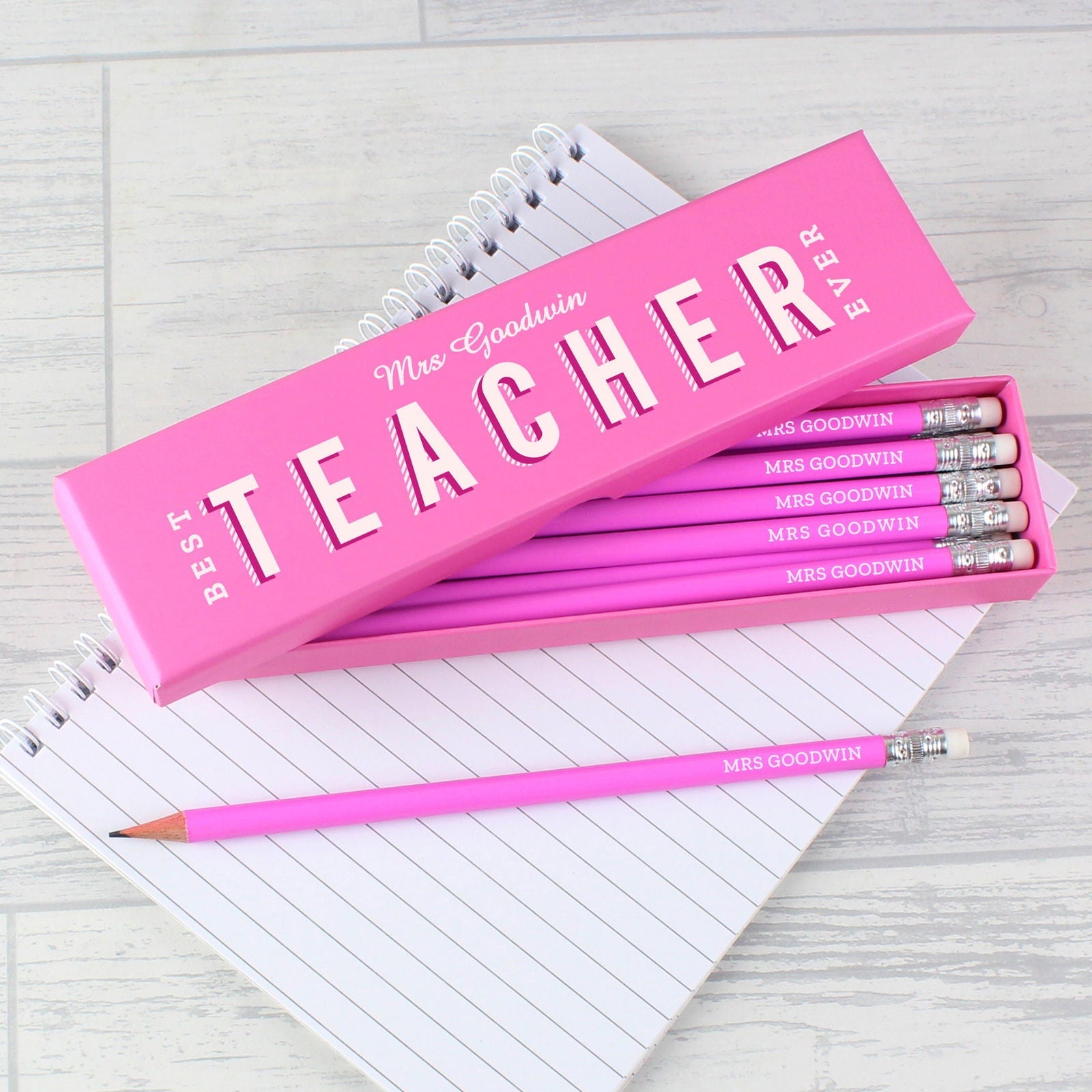 Personalised Best Teacher Ever Box And 12 Pink Hb Pencils