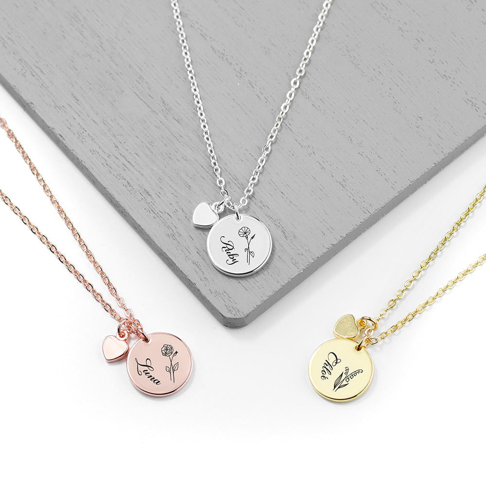Personalised Birth Flower Heart And Disc Necklace