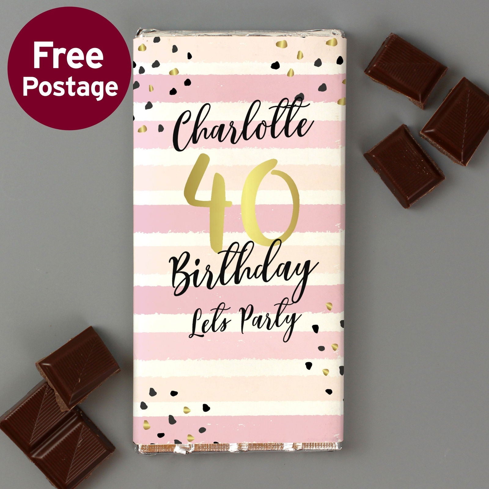 Personalised Birthday Gold And Pink Stripe Milk Chocolate Bar