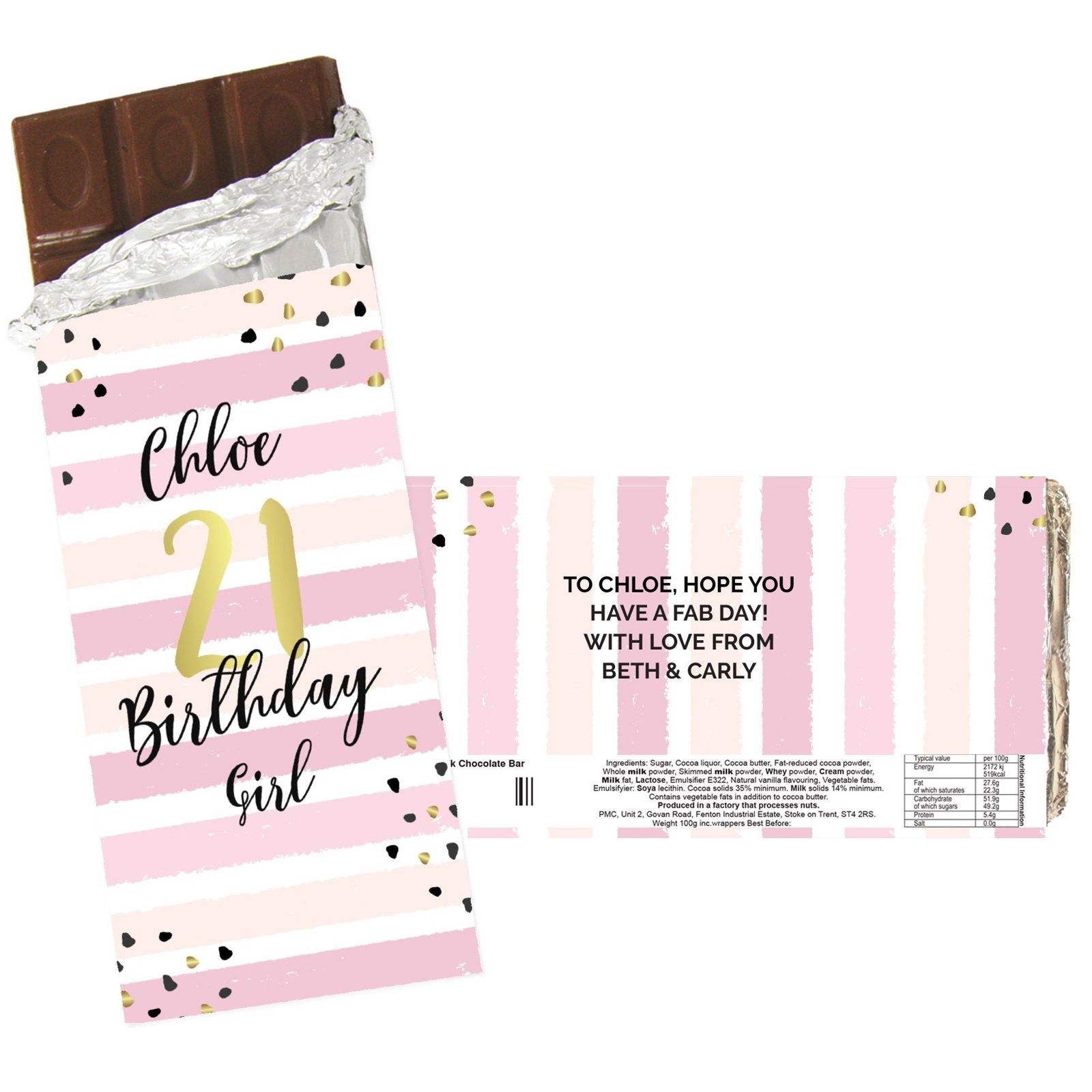 Personalised Birthday Gold And Pink Stripe Milk Chocolate Bar
