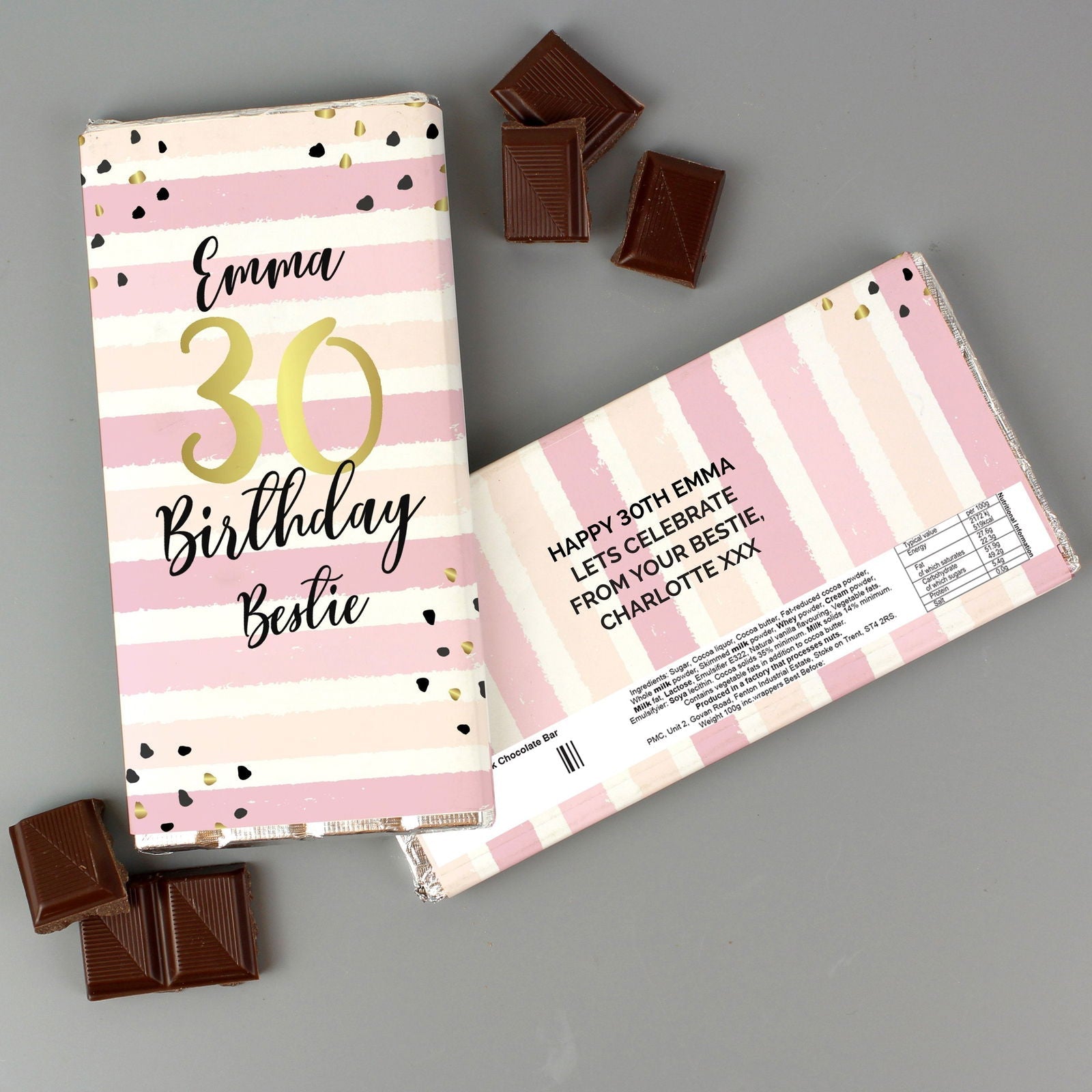 Personalised Birthday Gold And Pink Stripe Milk Chocolate Bar