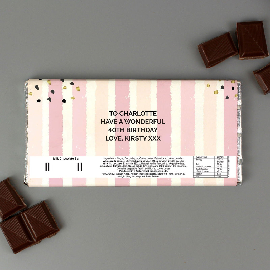 Personalised Birthday Gold And Pink Stripe Milk Chocolate Bar