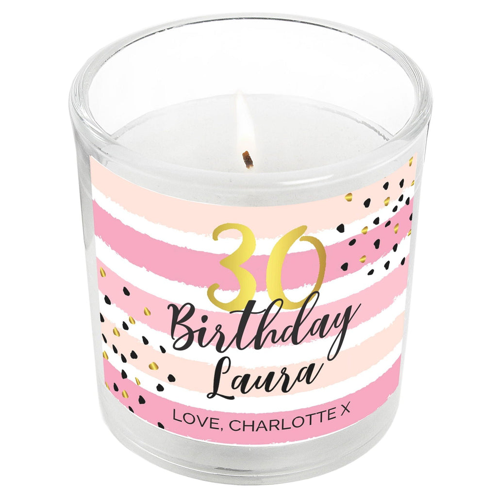 Personalised Birthday Gold And Pink Stripe Scented Jar Candle