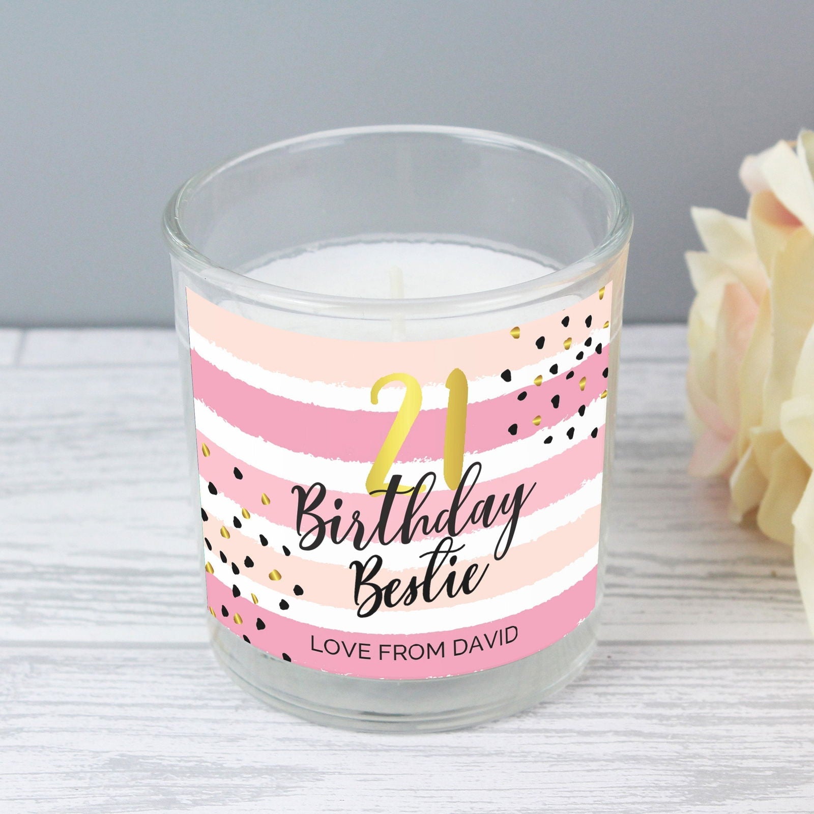 Personalised Birthday Gold And Pink Stripe Scented Jar Candle