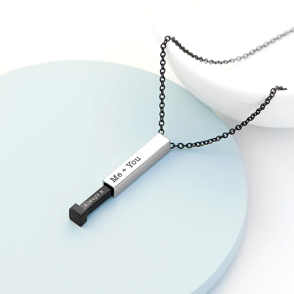 Personalised Black And Silver Square Hidden Message Capsule Men's Necklace