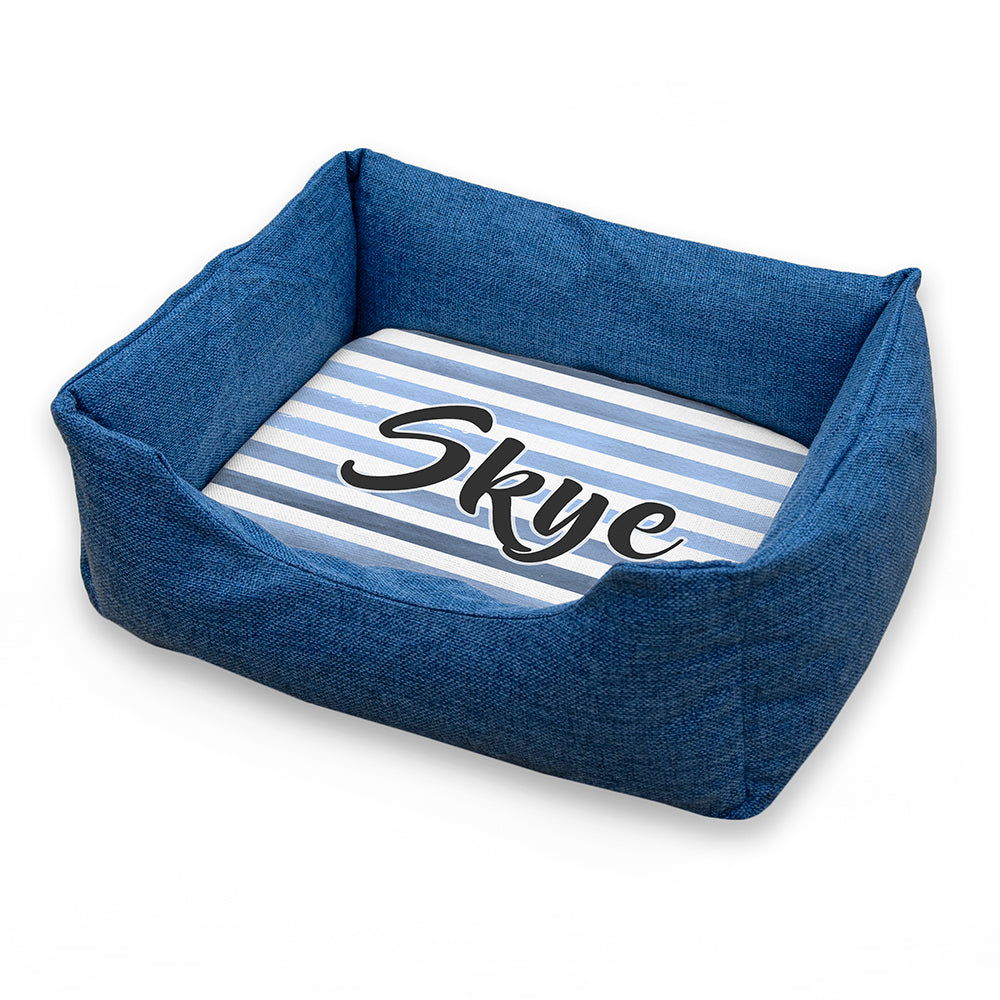 Personalised Blue Comfort Dog Bed With Blue Striped Design