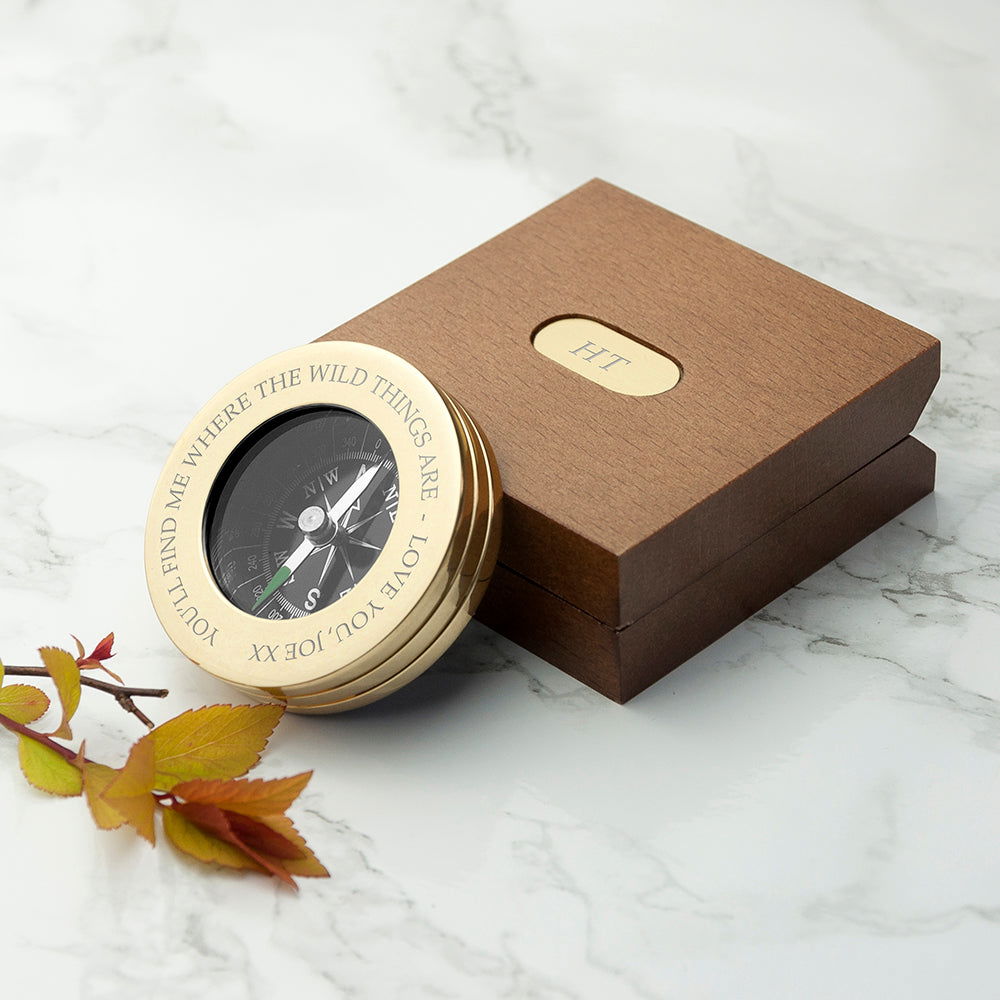 Personalised Brass Travellers Engraved Compass With Engraved Wooden Box