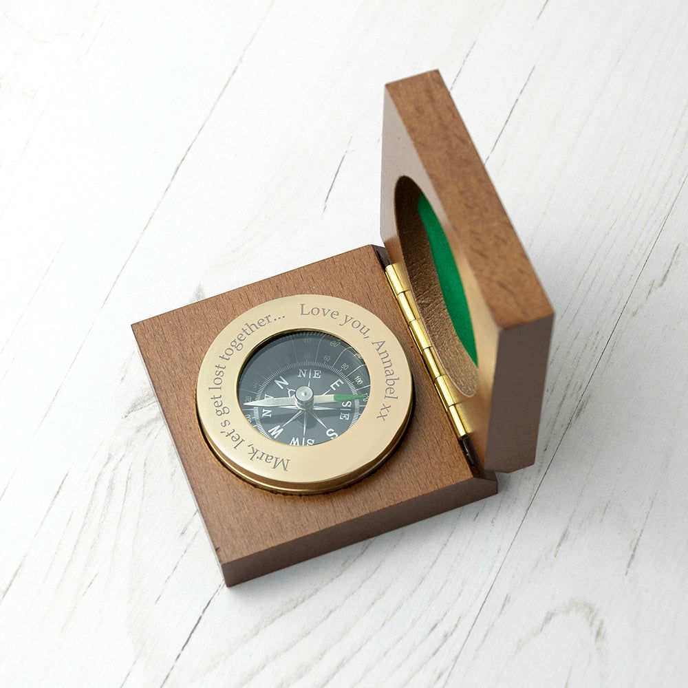 Personalised Brass Travellers Engraved Compass With Engraved Wooden Box