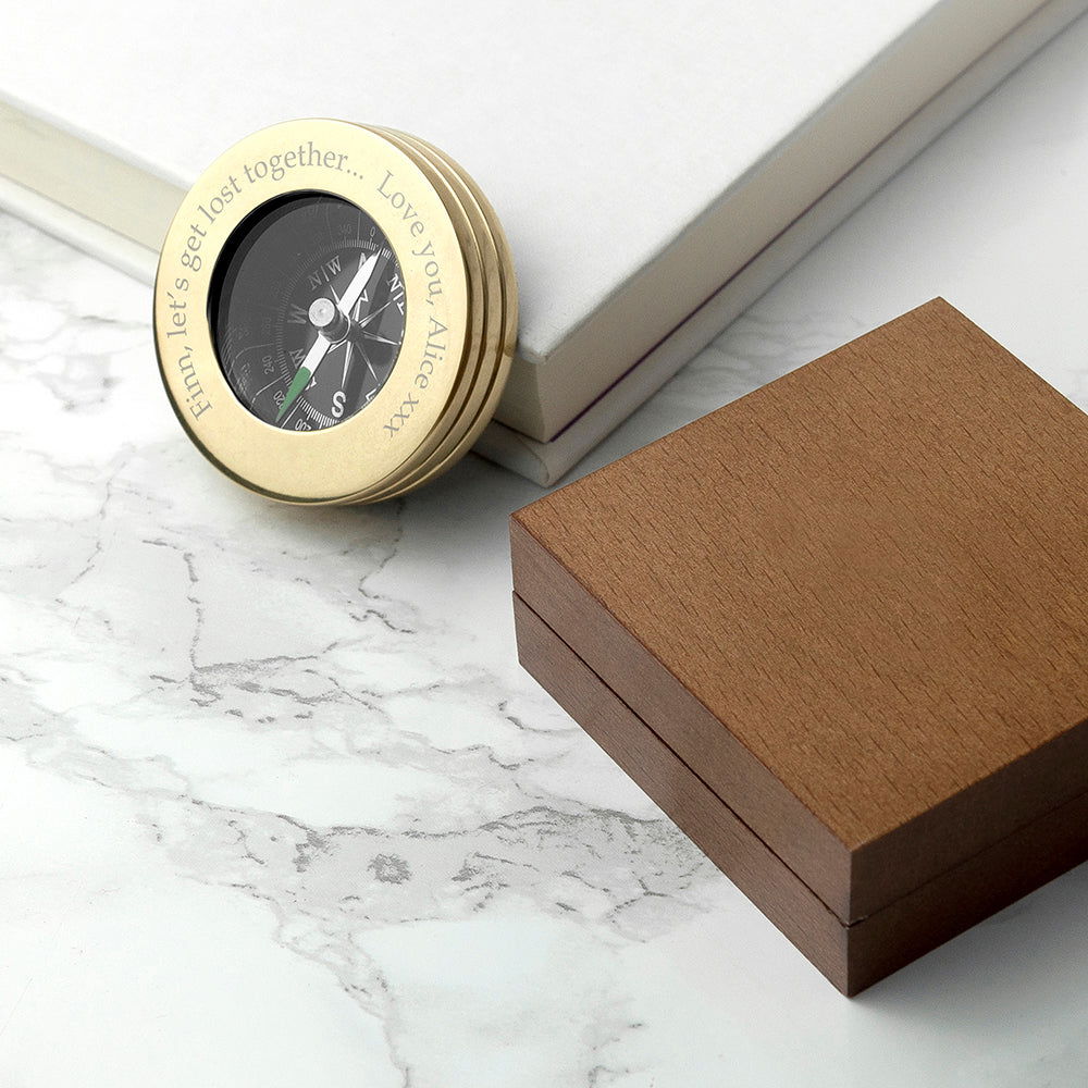 Personalised Brass Travellers Engraved Compass With Engraved Wooden Box