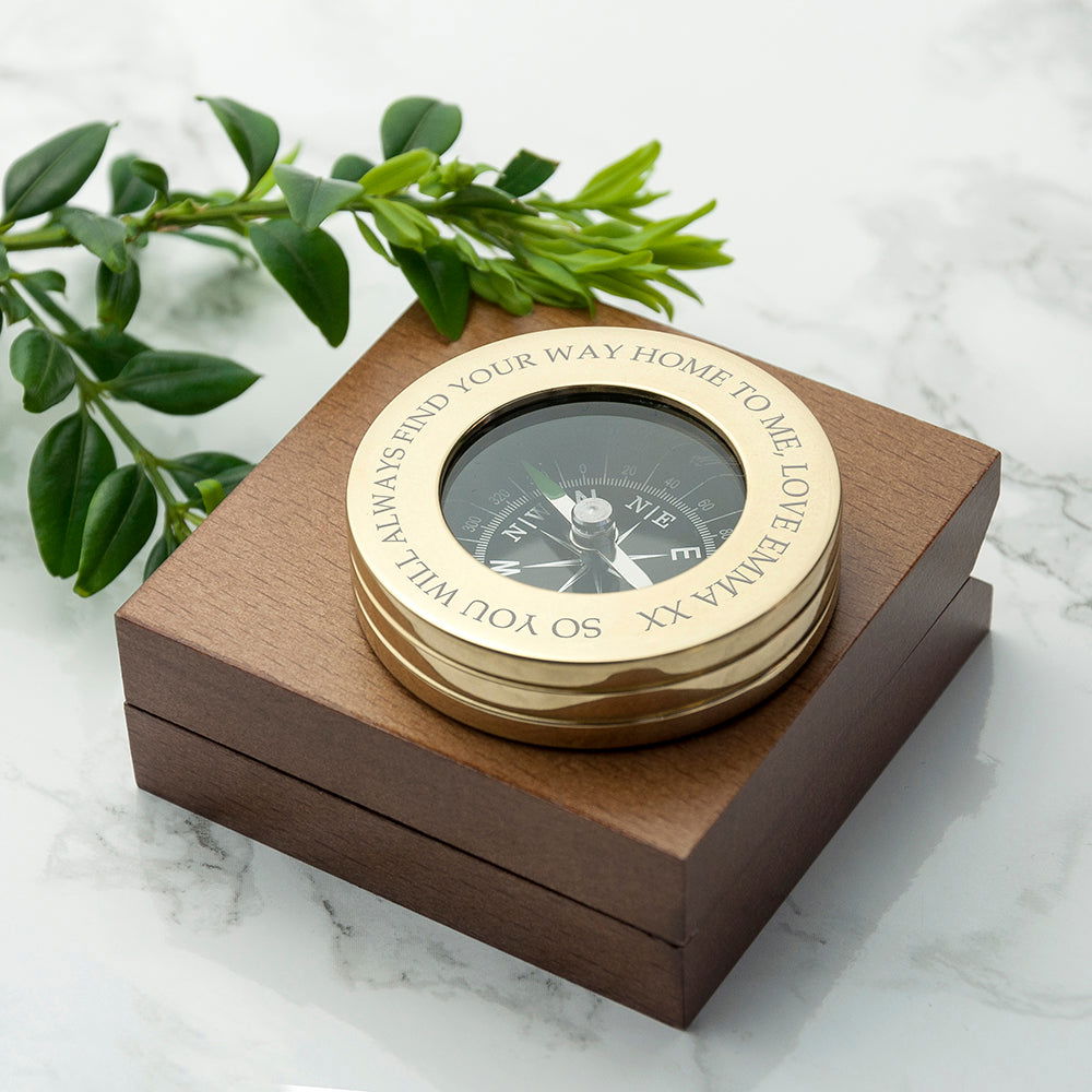 Personalised Brass Travellers Engraved Compass With Engraved Wooden Box
