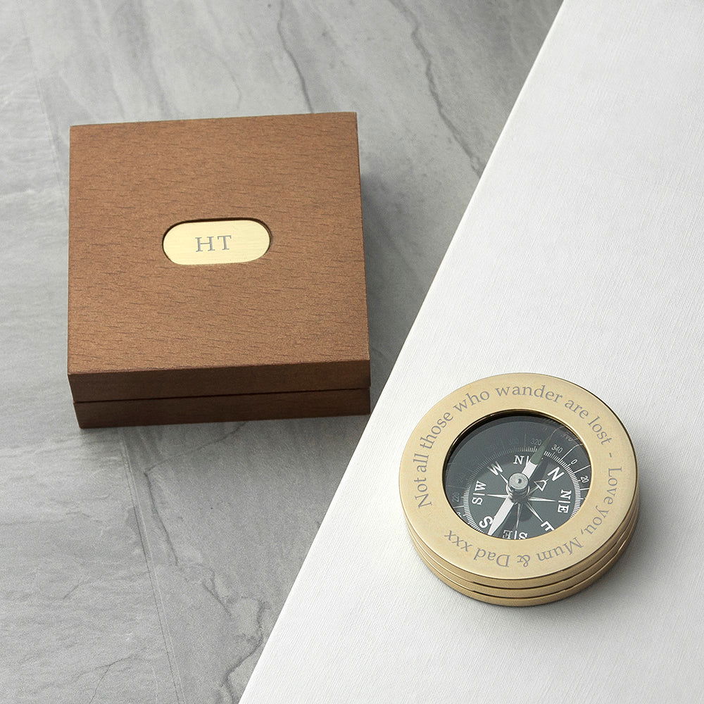 Personalised Brass Travellers Engraved Compass With Engraved Wooden Box