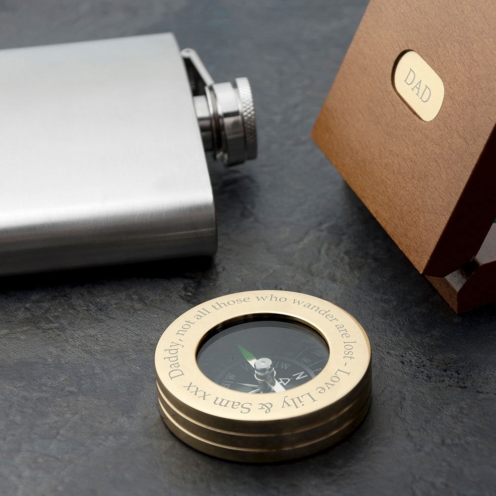 Personalised Brass Travellers Engraved Compass With Engraved Wooden Box