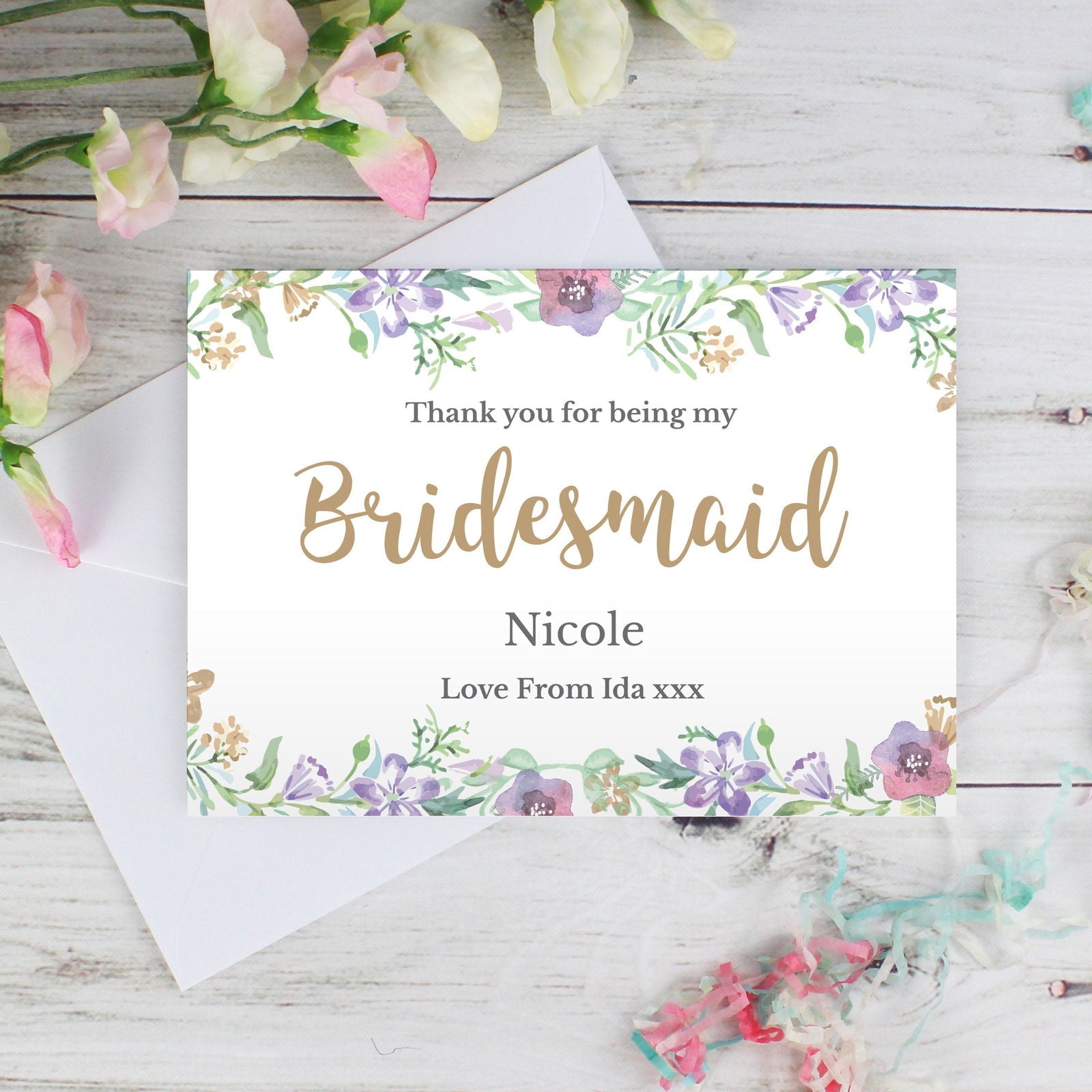 Personalised Bridesmaid 'Floral Watercolour Wedding' Card