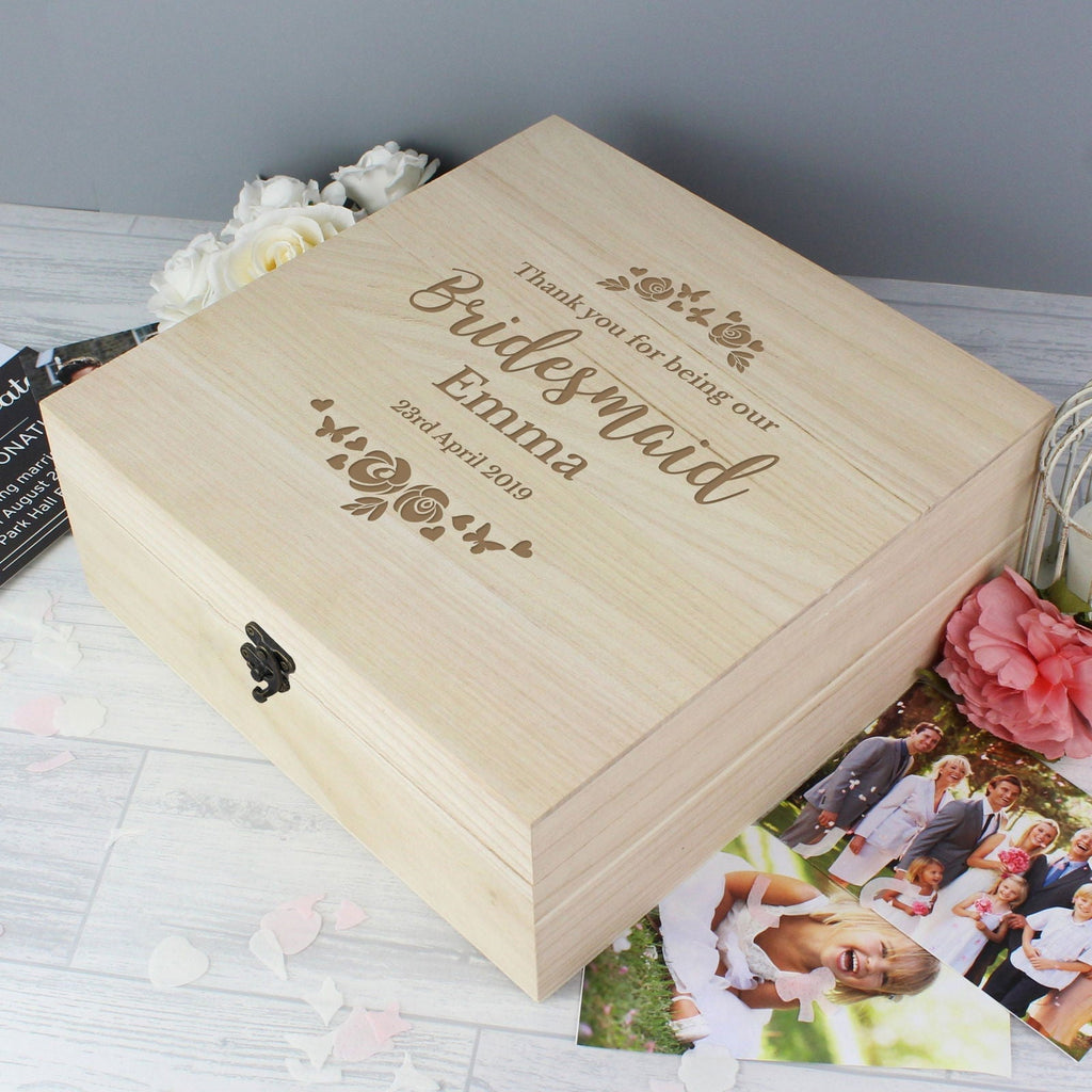 Personalised Bridesmaid 'Floral Watercolour Wedding' Large Wooden Keepsake Box