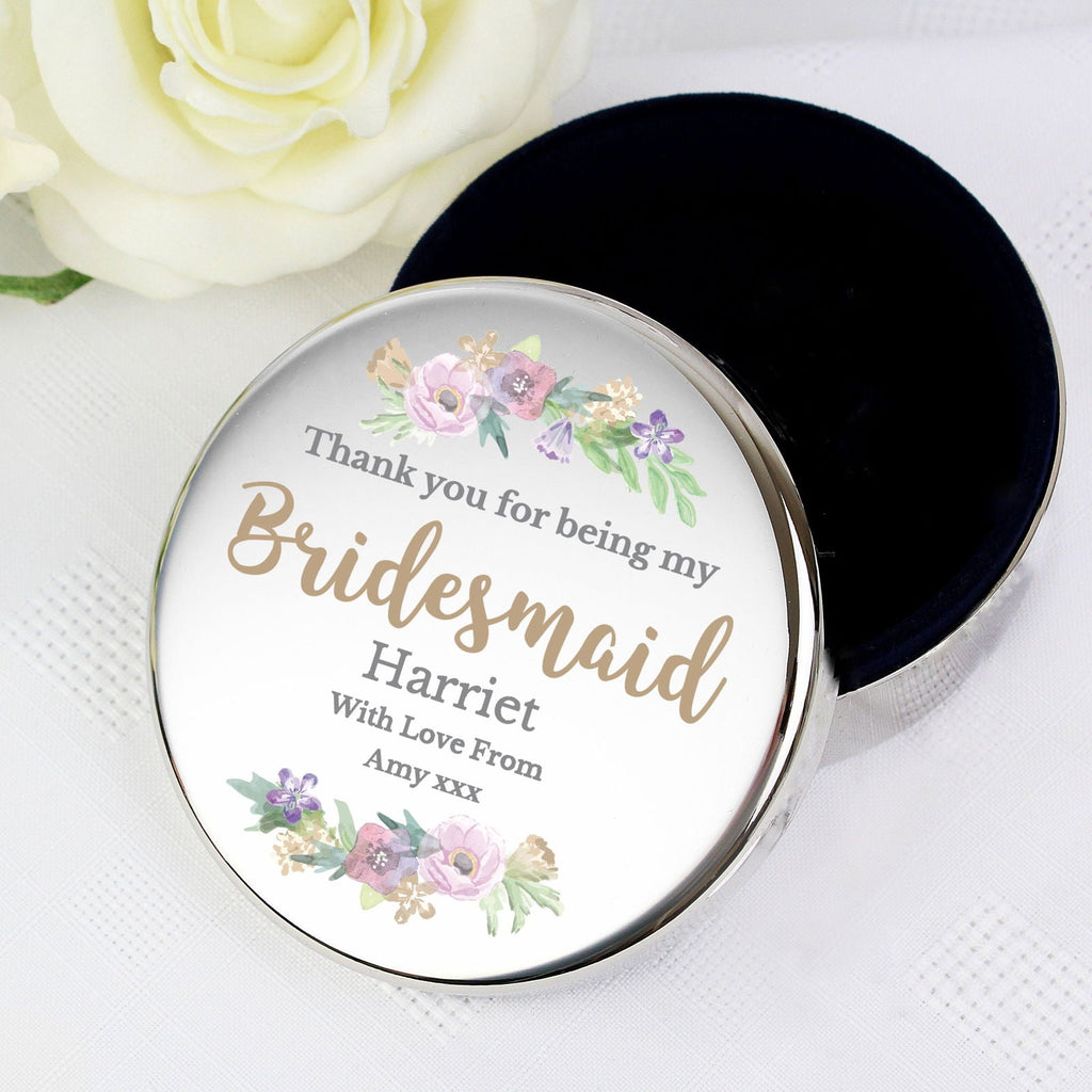 Personalised Bridesmaid 'Floral Watercolour Wedding' Round Trinket Box