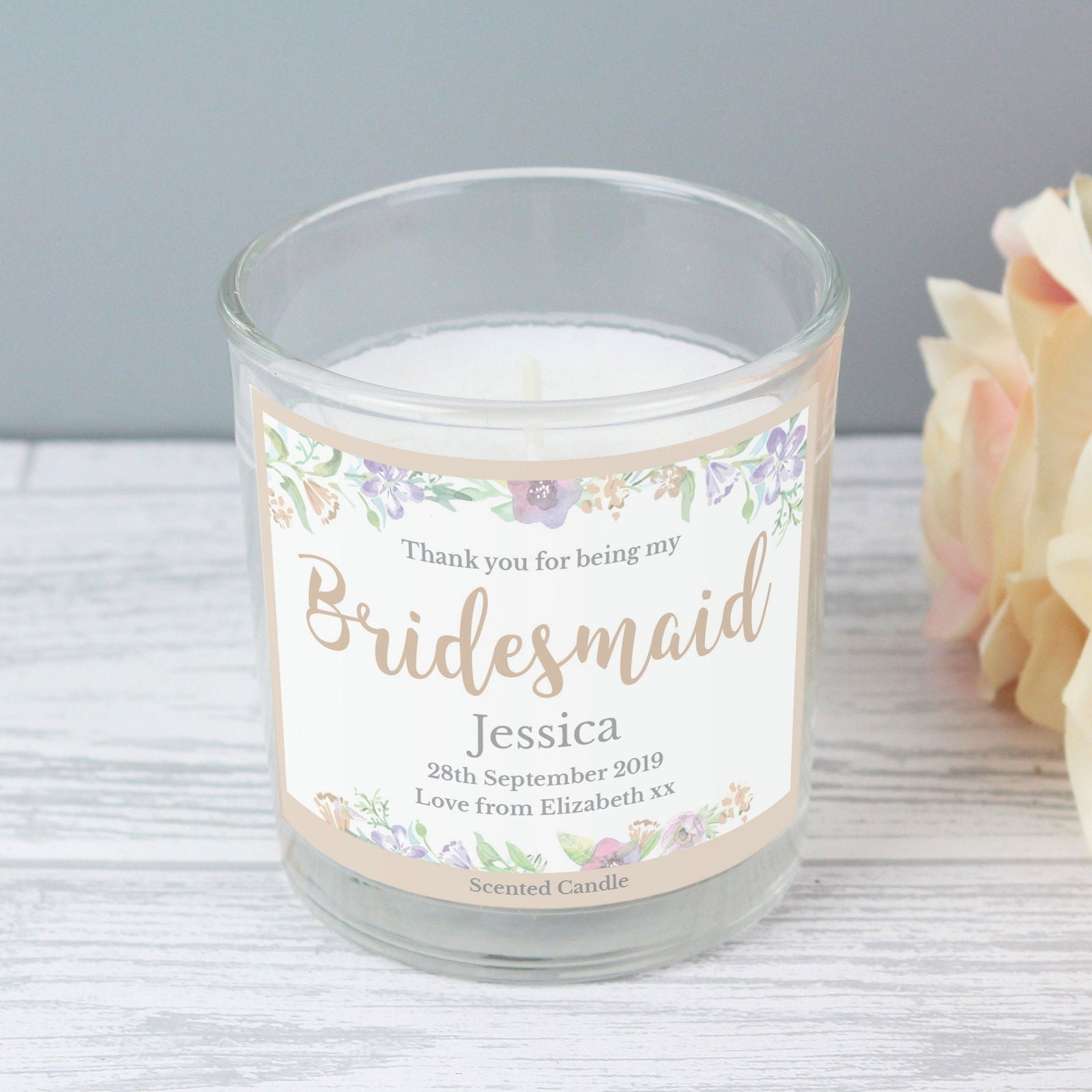 Personalised Bridesmaid 'Floral Watercolour Wedding' Scented Jar Candle