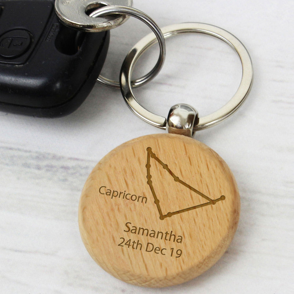 Personalised Capricorn Zodiac Star Sign Wooden Keyring (December 22nd - 19th January)