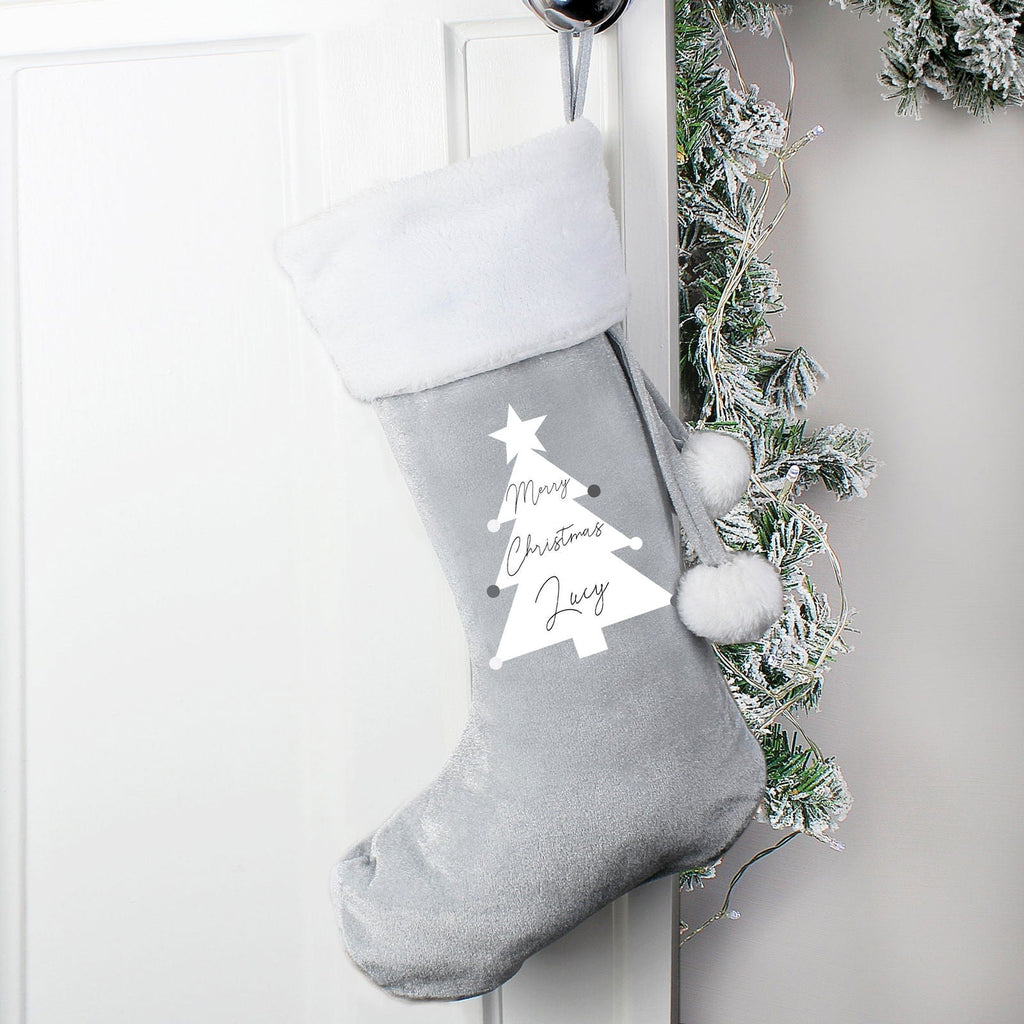 Personalised Christmas Tree Luxury Silver Grey Stocking