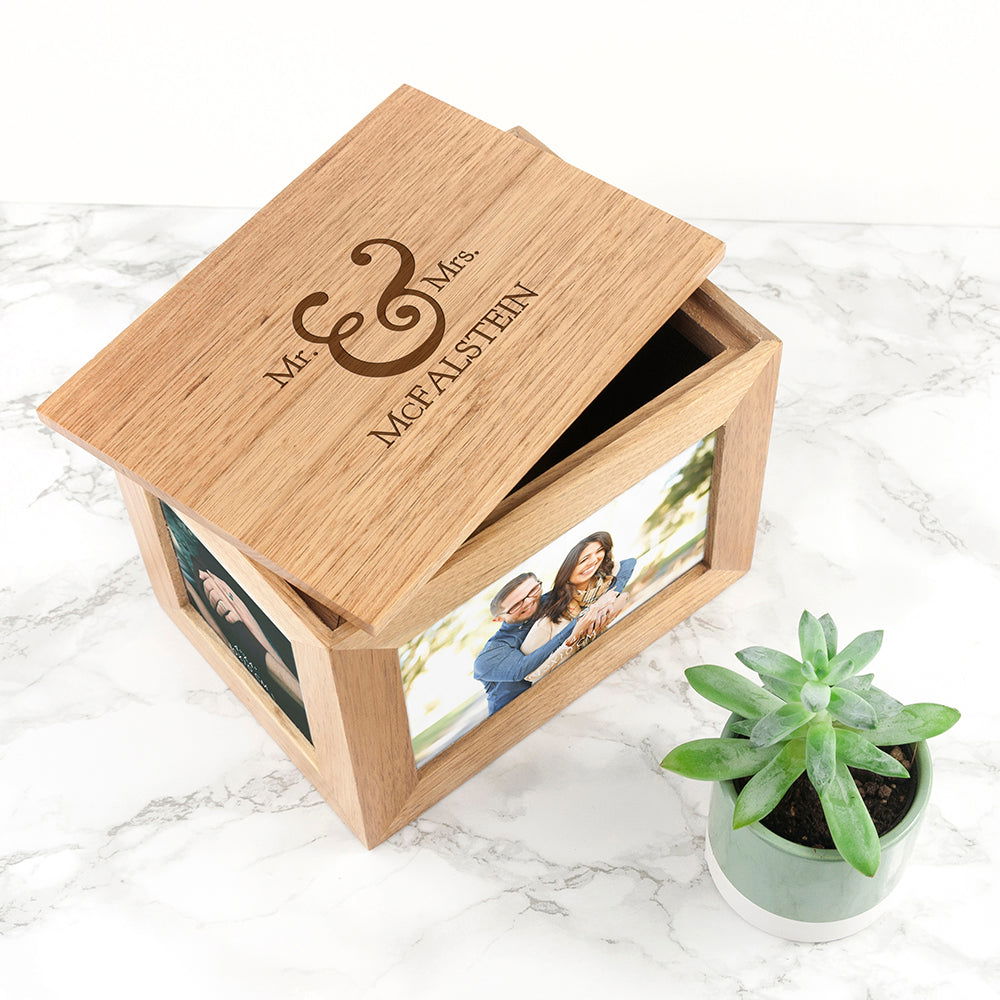 Personalised Classic Mr & Mrs Midi Oak Photo Cube Keepsake Box