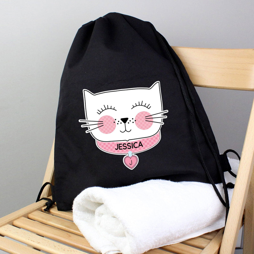 Personalised Cute Cat Black Swim & Kit Bag