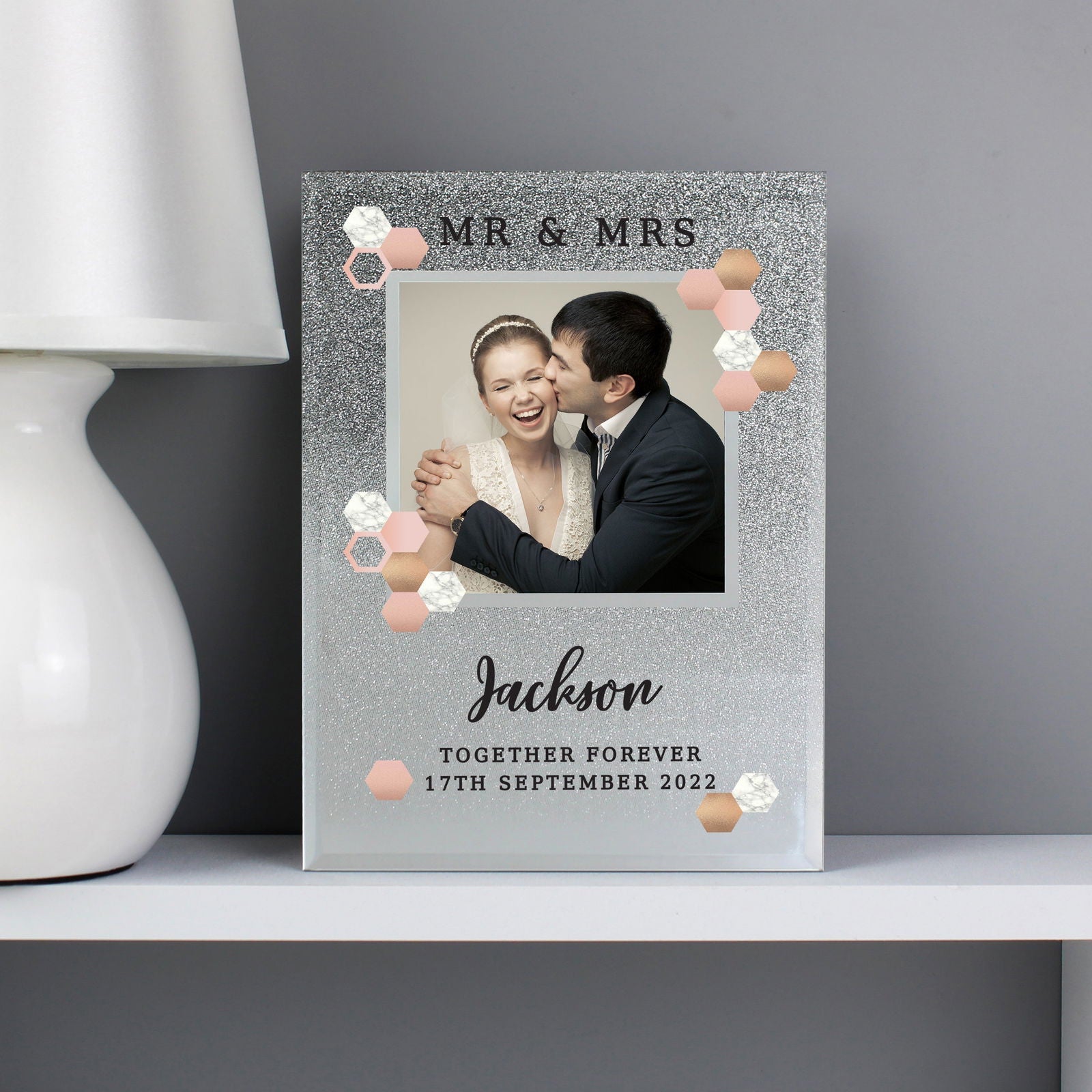 Personalised Cute Hexagon Design 4x4 Inch Glitter Glass Photo Frame