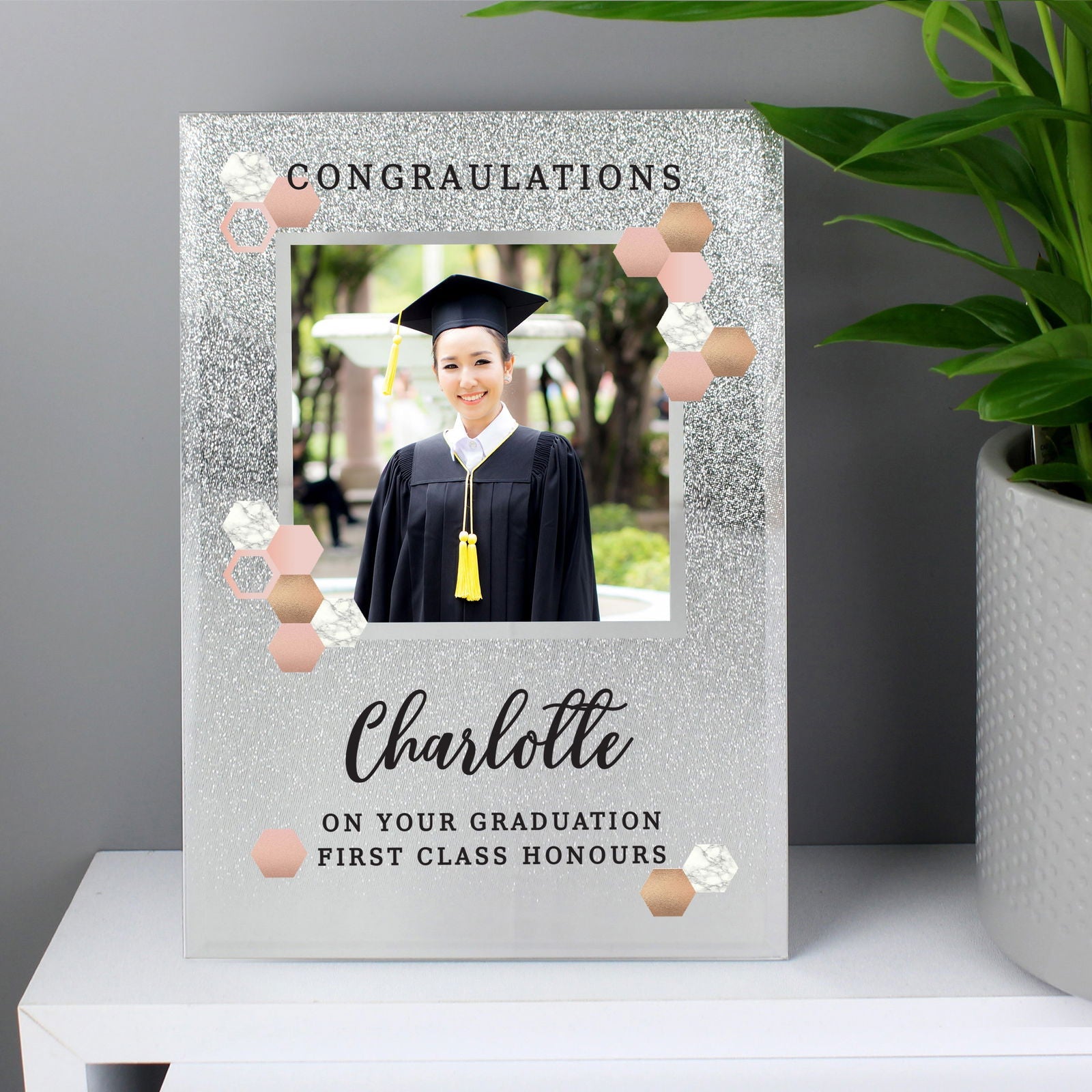 Personalised Cute Hexagon Design 4x4 Inch Glitter Glass Photo Frame