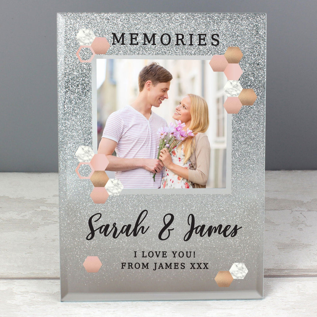 Personalised Cute Hexagon Design 4x4 Inch Glitter Glass Photo Frame