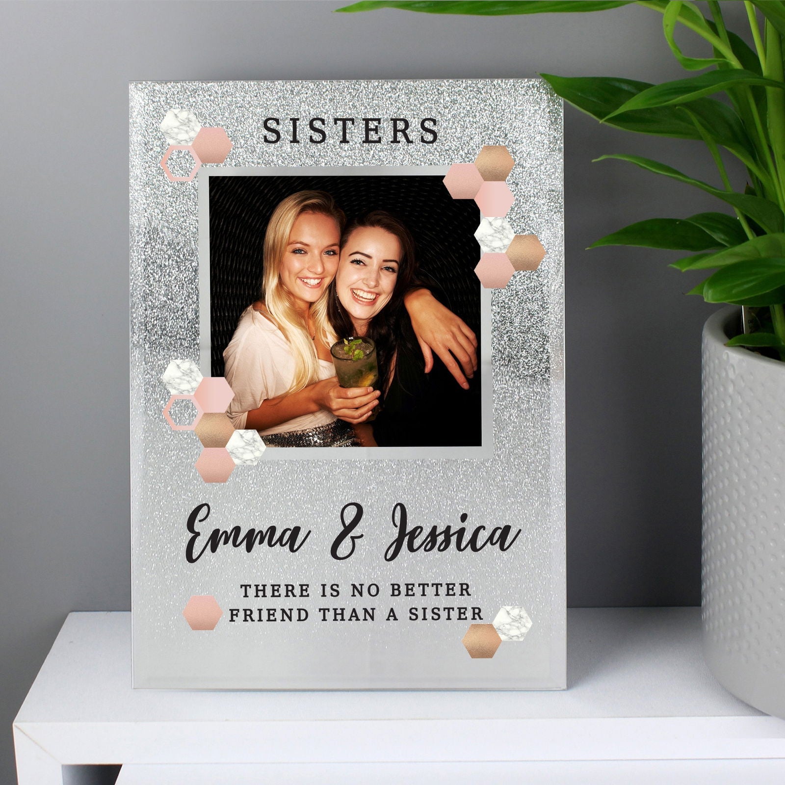 Personalised Cute Hexagon Design 4x4 Inch Glitter Glass Photo Frame