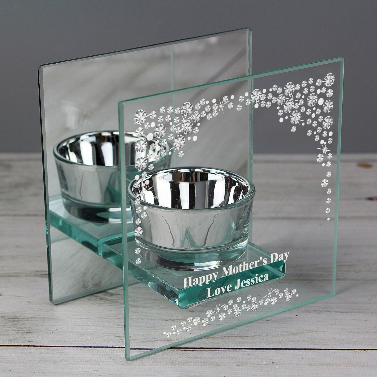 Personalised Diamante Mirrored Glass Tea Light Candle Holder