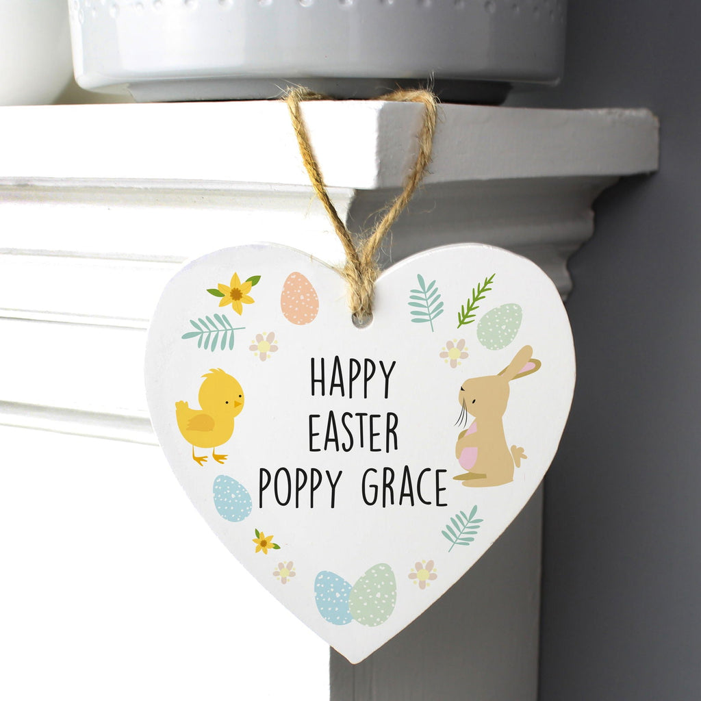 Personalised Easter Bunny & Chick Wooden Heart Decoration