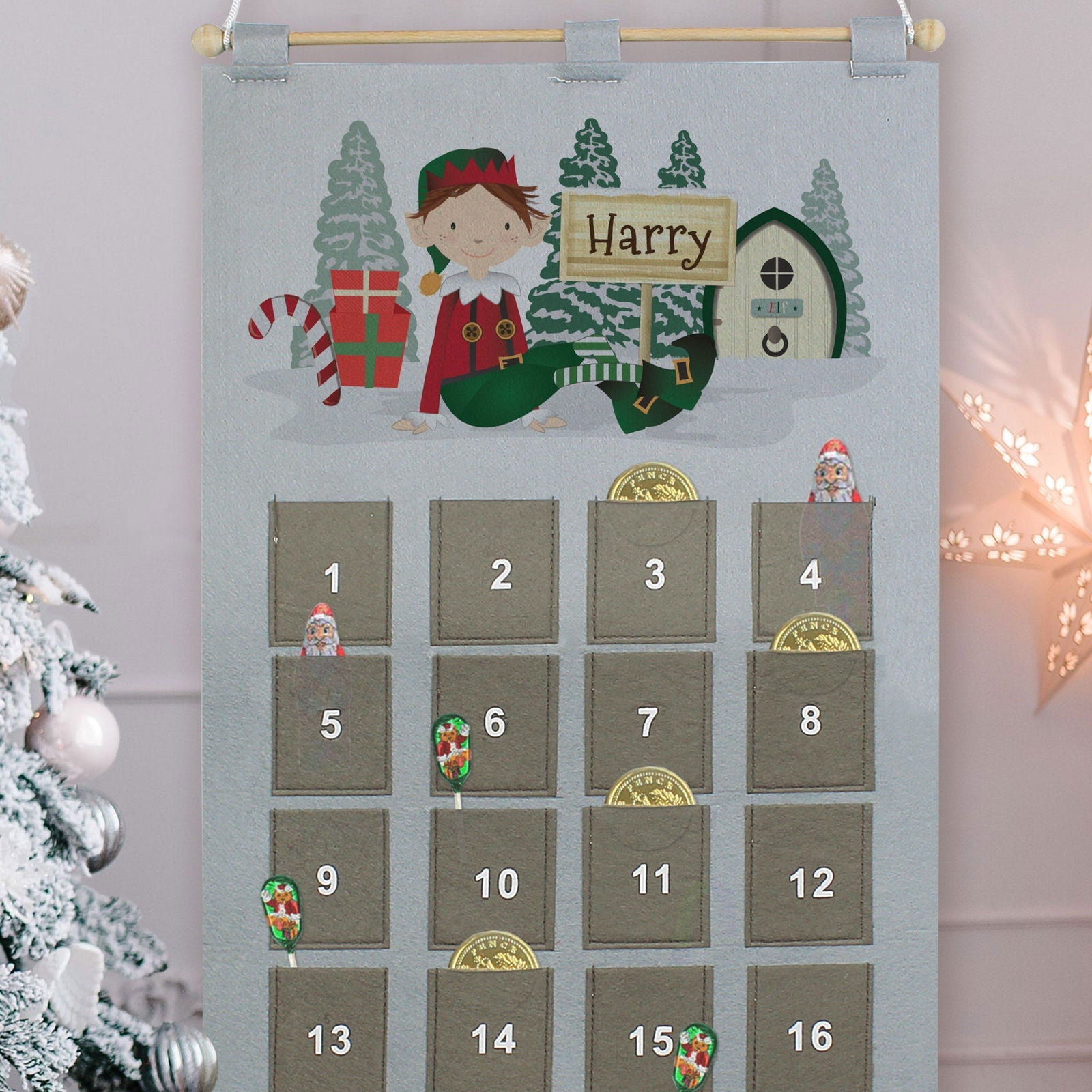 Personalised Elf 2025 Advent Calendar In Silver Grey