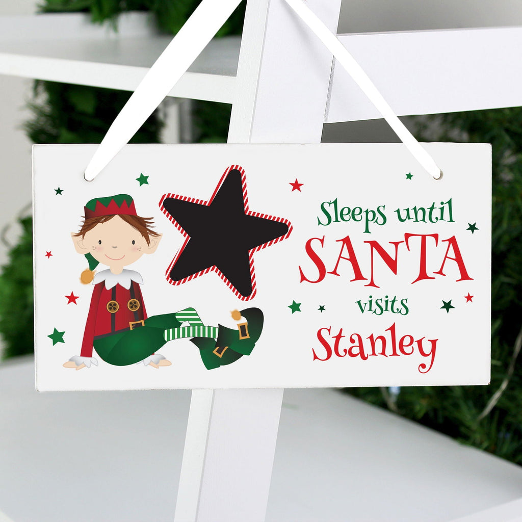Personalised Elf Christmas Chalk Countdown Wooden Block Sign