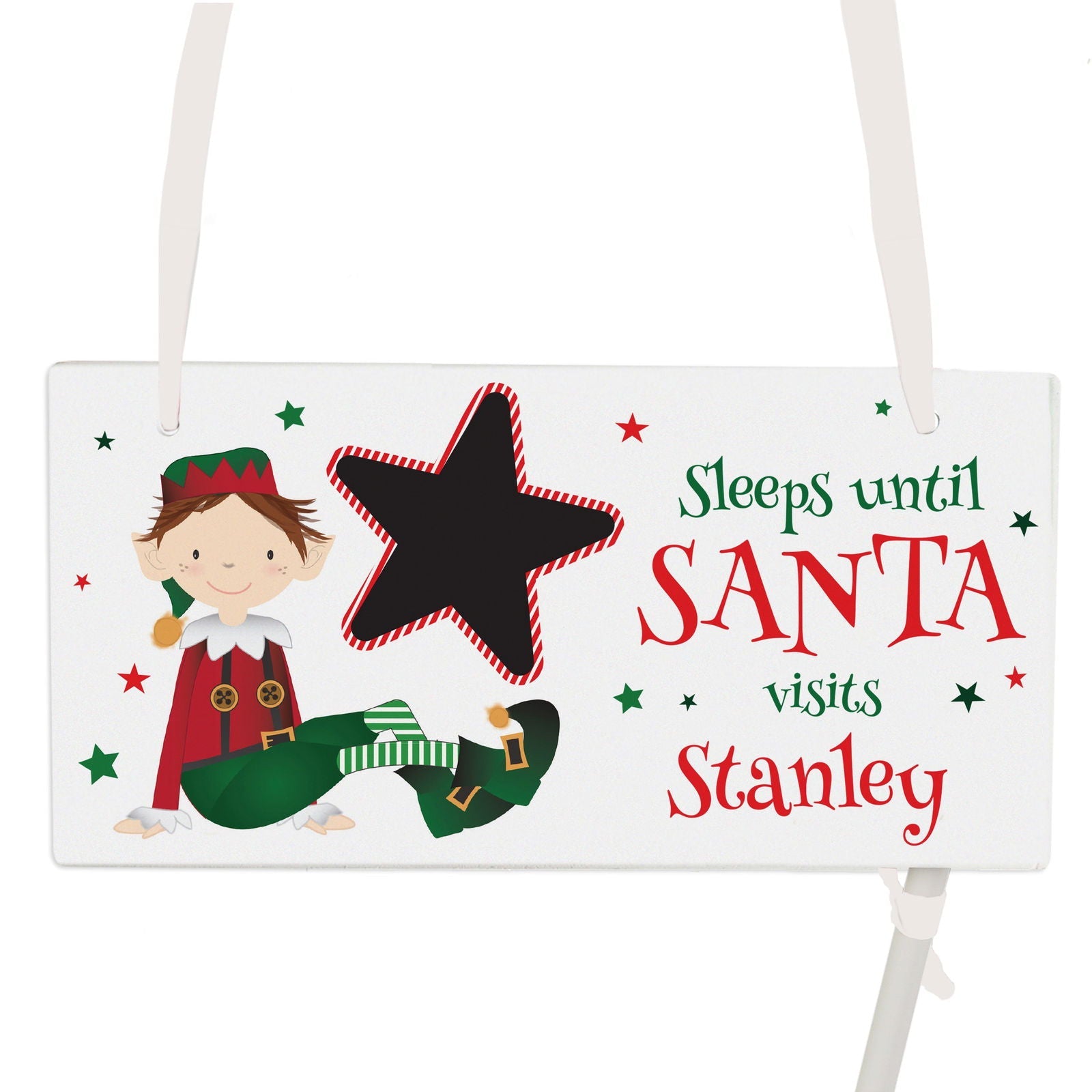 Personalised Elf Christmas Chalk Countdown Wooden Block Sign