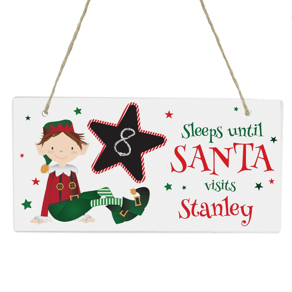 Personalised Elf Christmas Chalk Countdown Wooden Block Sign