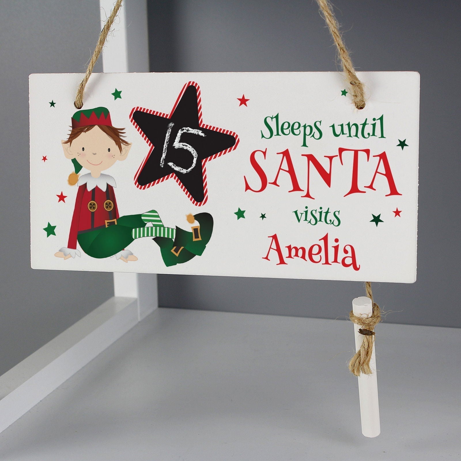 Personalised Elf Christmas Chalk Countdown Wooden Block Sign