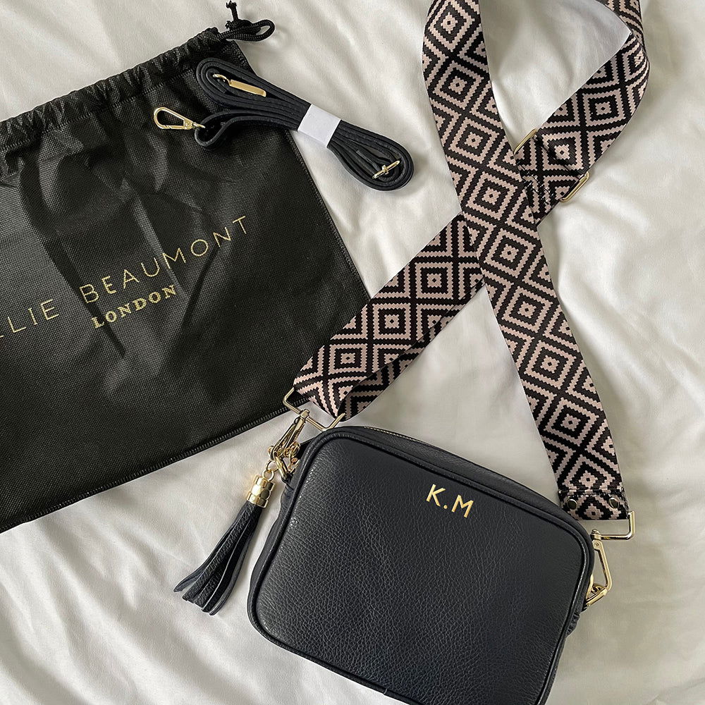 Personalised Elie Beaumont Black Bag With Blue Diamond Strap