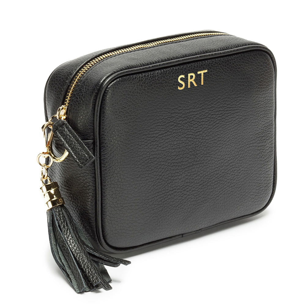 Personalised Elie Beaumont Black Bag With Blue Diamond Strap