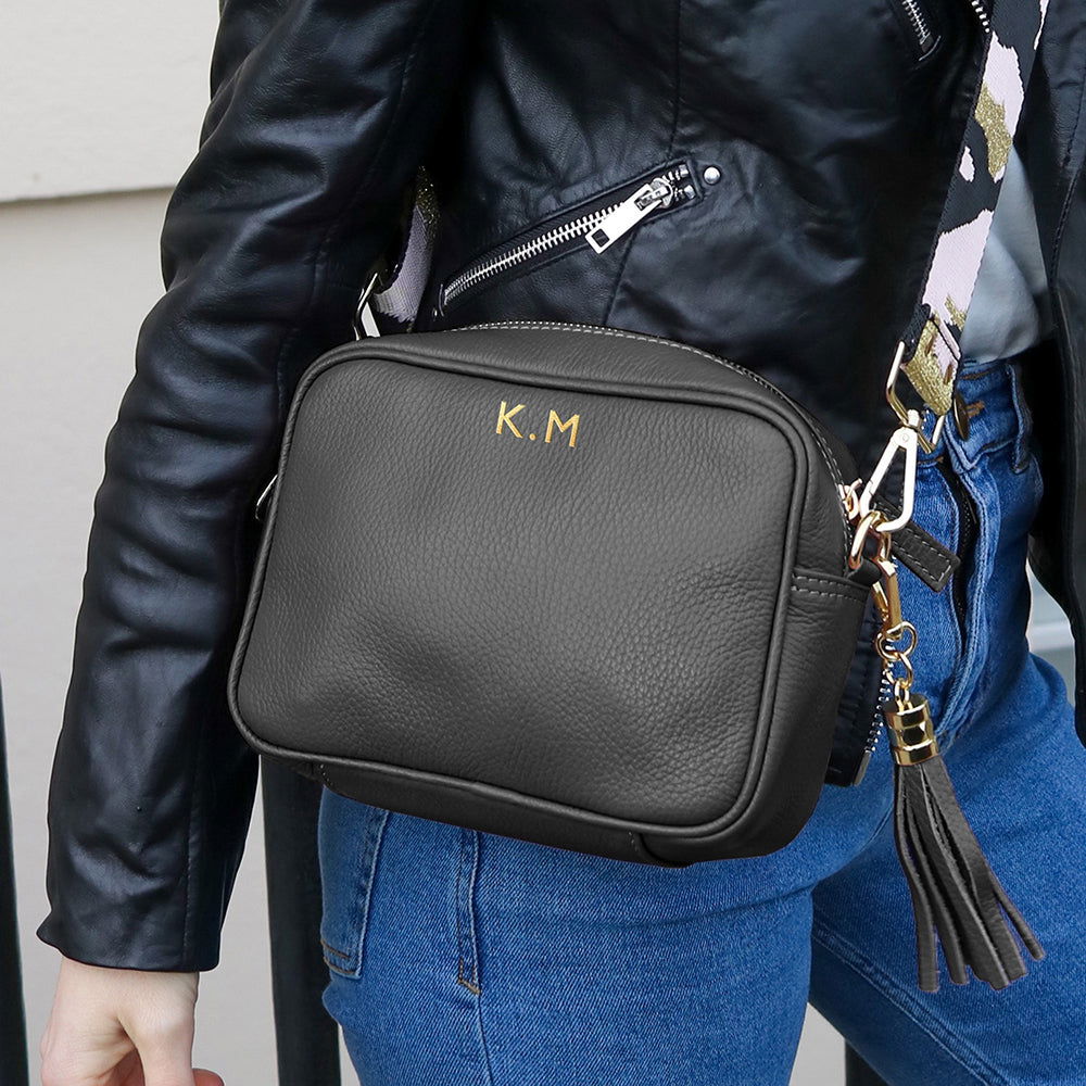 Personalised Elie Beaumont Black Bag With Pink Camouflage Strap