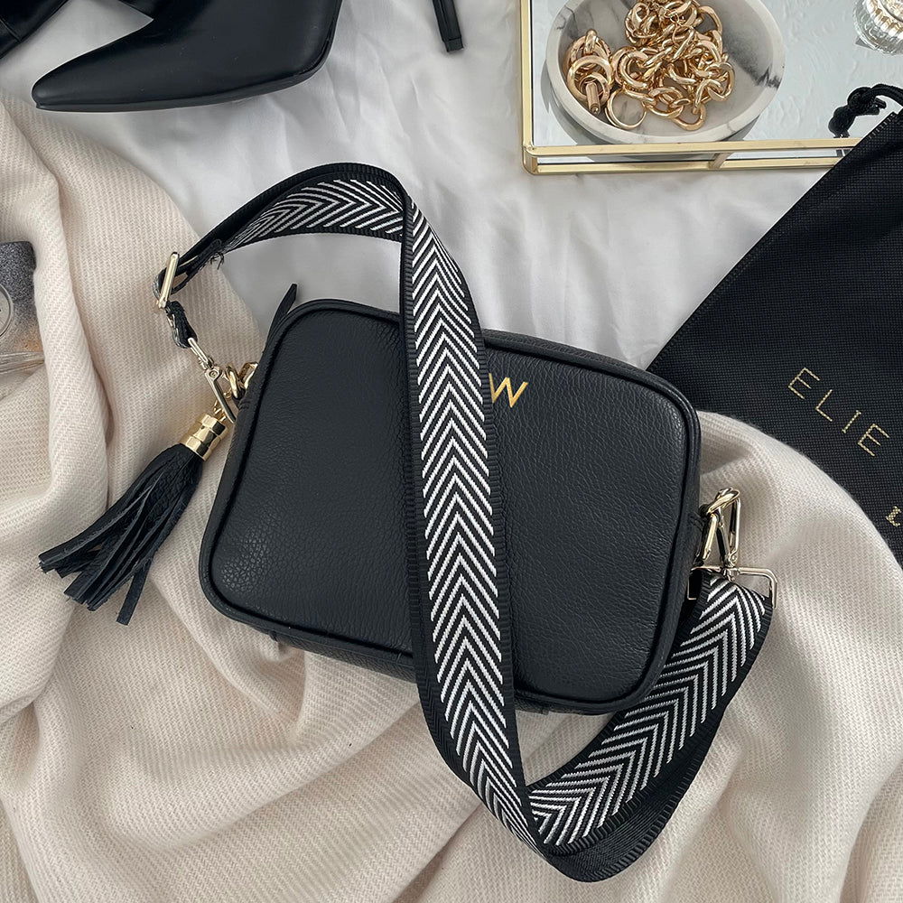 Personalised Elie Beaumont Black Handbag With Silver Chevron Strap