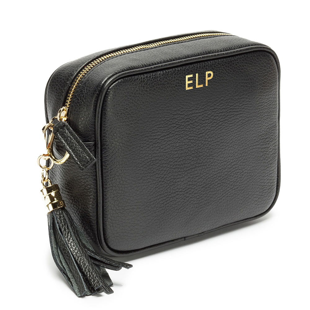 Personalised Elie Beaumont Black Handbag With Silver Chevron Strap