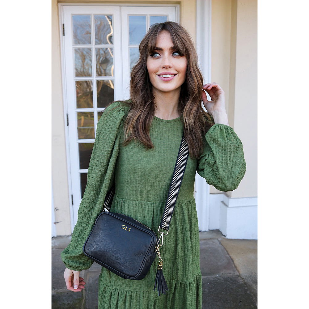 Personalised Elie Beaumont Black Handbag With Silver Chevron Strap