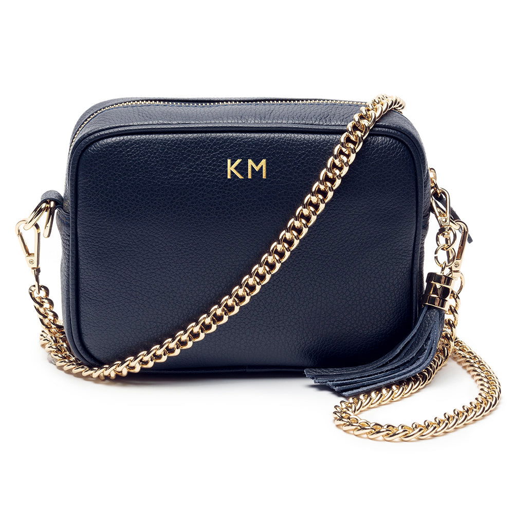 Personalised Elie Beaumont Navy Handbag With Gold Chain Strap