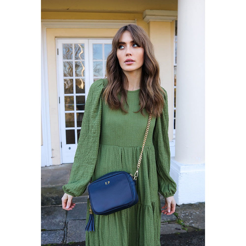 Personalised Elie Beaumont Navy Handbag With Gold Chain Strap