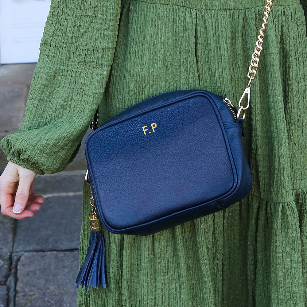 Personalised Elie Beaumont Navy Handbag With Gold Chain Strap