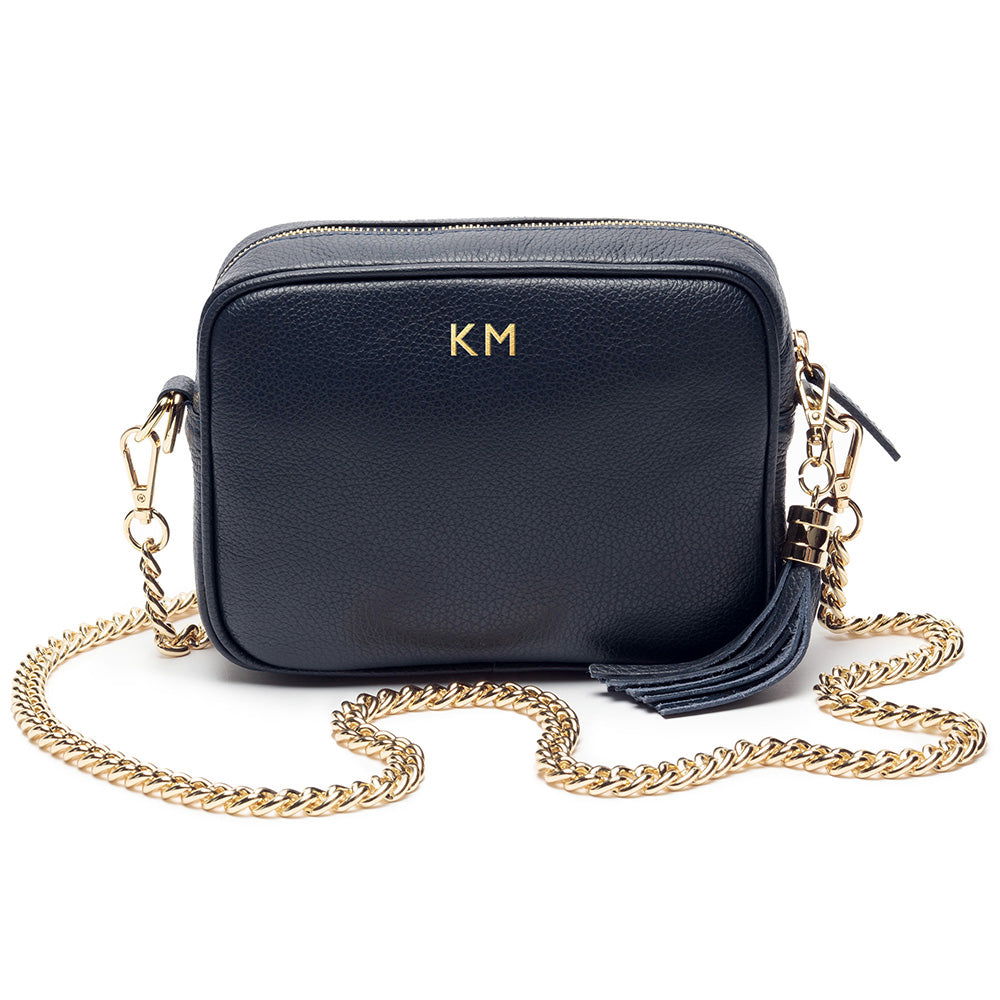 Personalised Elie Beaumont Navy Handbag With Gold Chain Strap