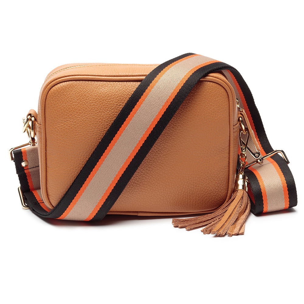 Personalised Elie Beaumont Tan Bag With Black Orange Strap