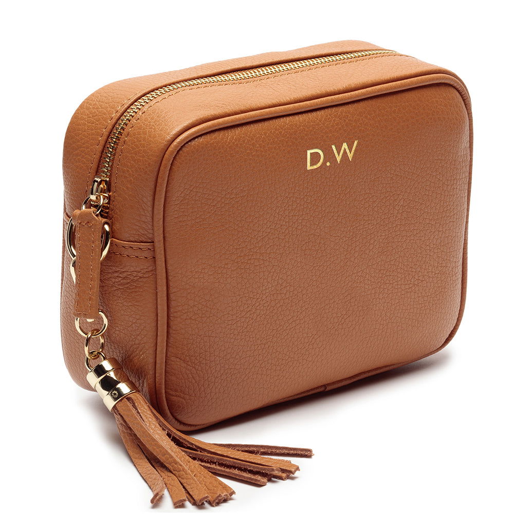 Personalised Elie Beaumont Tan Bag With Black Orange Strap