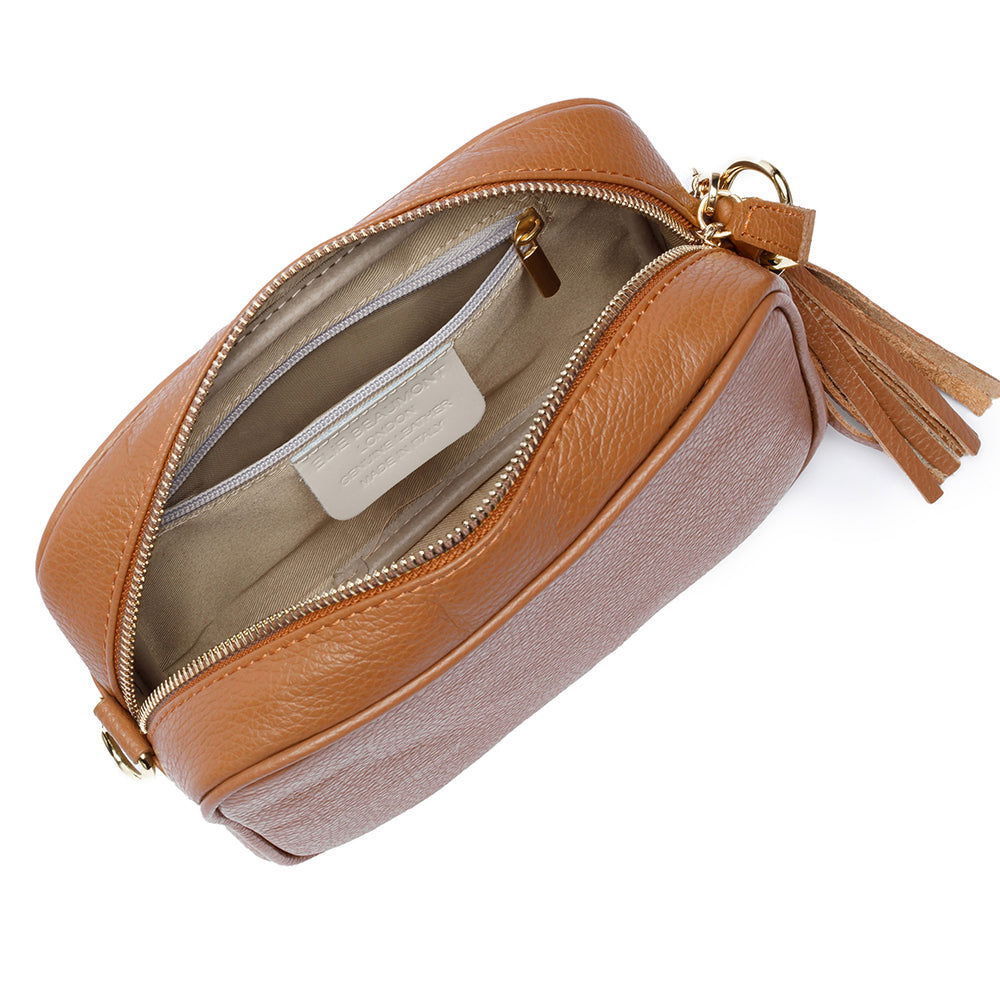 Personalised Elie Beaumont Tan Bag With Black Orange Strap