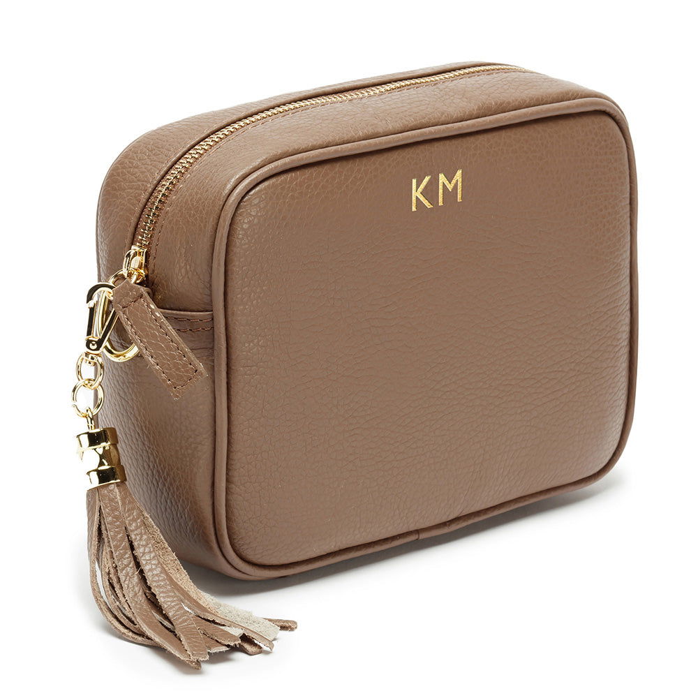 Personalised Elie Beaumont Taupe Bag With Gold Chevron Strap